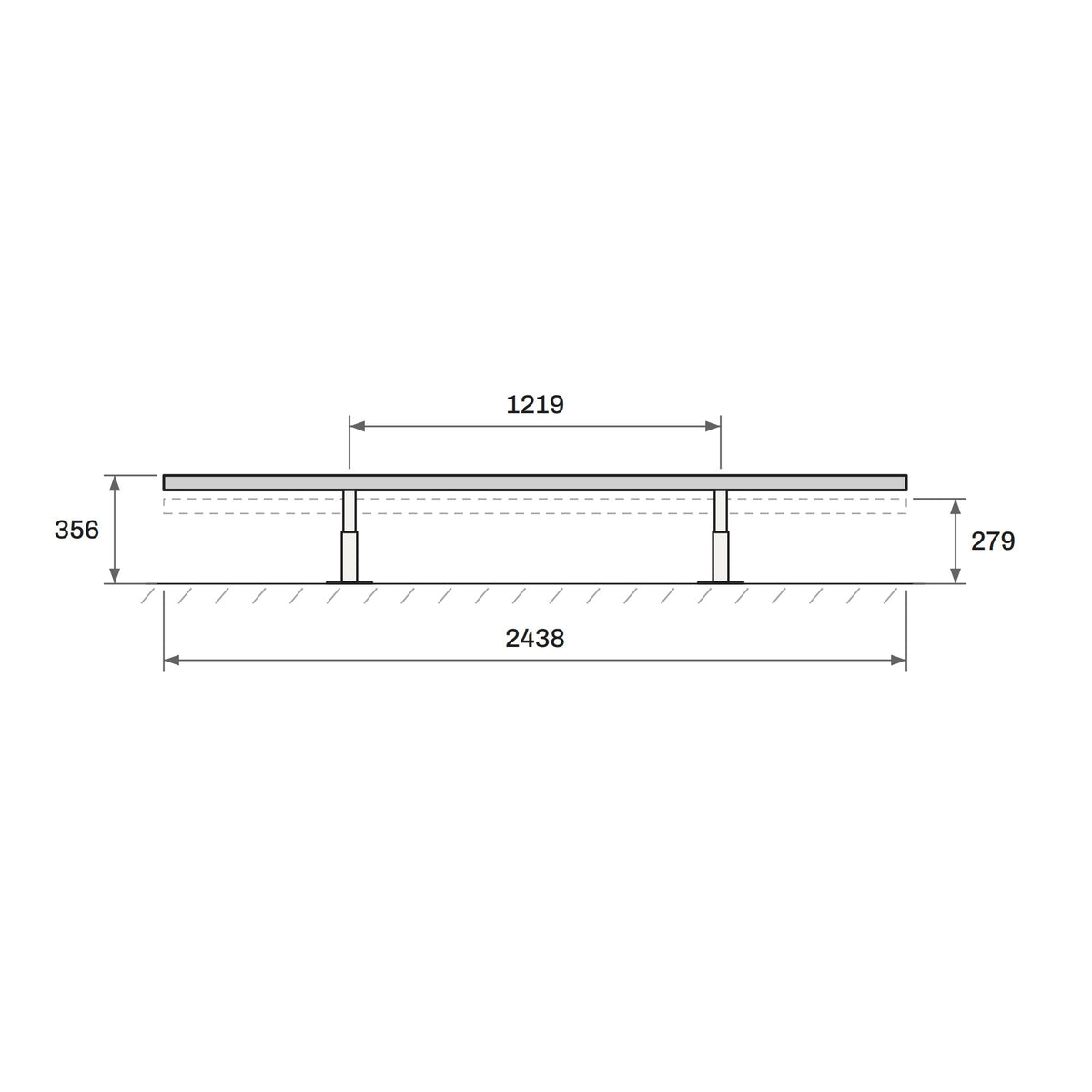 Toucan Flat Rail 8'-0" side elevation with dimensions: 2438 mm long, 279 to 356 mm high, feet 1219 mm apart