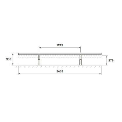 Toucan Flat Rail 8'-0" side elevation with dimensions: 2438 mm long, 279 to 356 mm high, feet 1219 mm apart