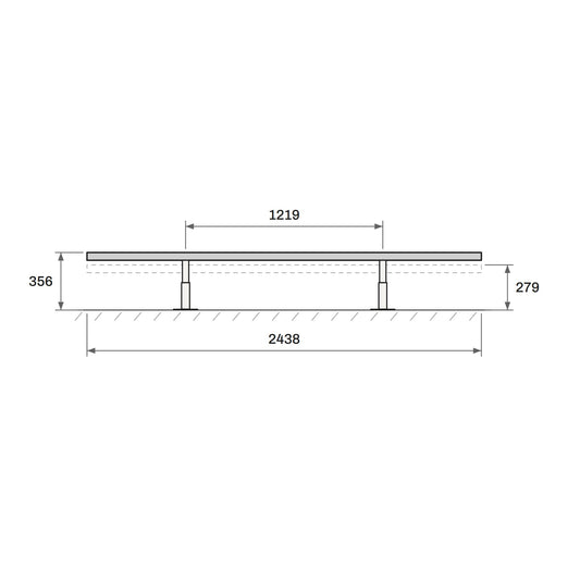 Toucan Flat Rail 8'-0" side elevation with dimensions: 2438 mm long, 279 to 356 mm high, feet 1219 mm apart