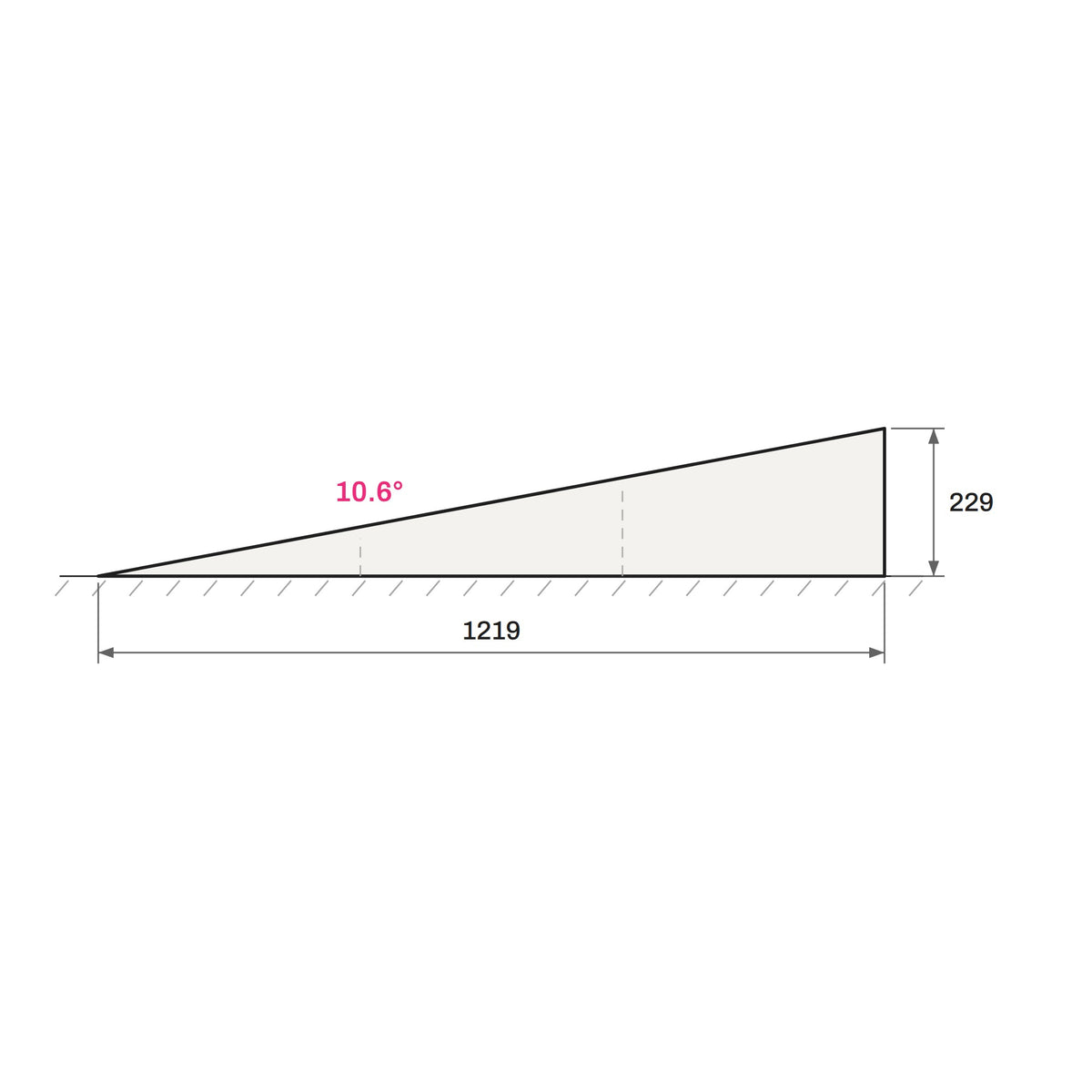 Toucan Kicker 4'-0" side elevation with dimensions: 1219 mm long, 229 mm high, 10.6 degree wedge