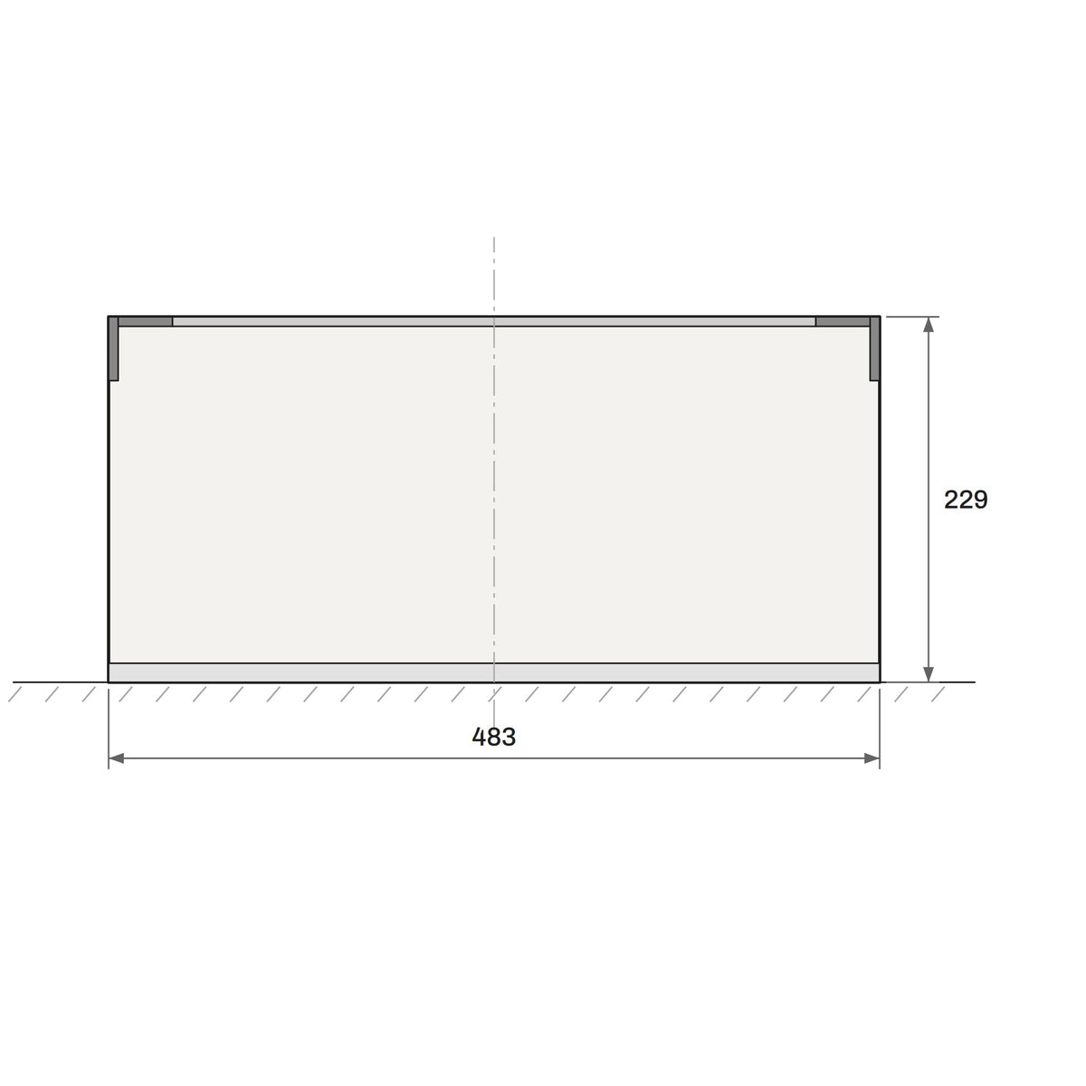 Toucan Ledge 8'-0" end elevation with dimensions: 483 mm deep, 229 mm high