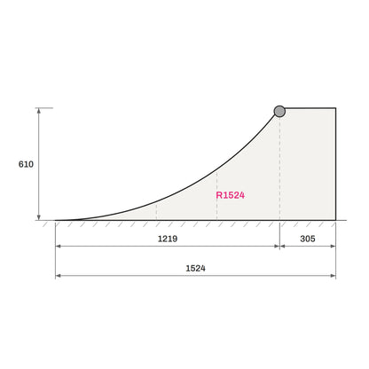 Toucan Quarter Pipe 2'-0" side elevation with dimensions: 610 mm high, 1524 mm deep, R1524 transition