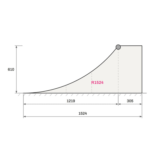 Toucan Quarter Pipe 2'-0" side elevation with dimensions: 610 mm high, 1524 mm deep, R1524 transition